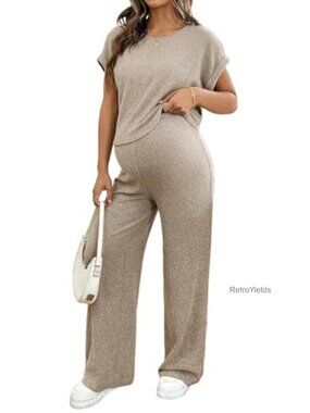 Maternity 2 Piece Ribbed Knit Lounge Set Short Sleeve Pajama Outfit with Button